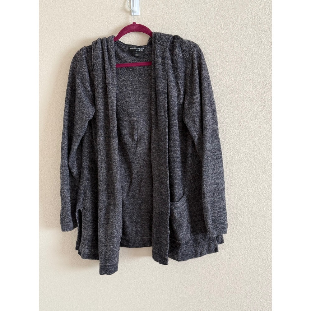 Barefoot Dreams CozyChic Lite Hooded Cardigan Gray Open Front Pocket Sweater XL